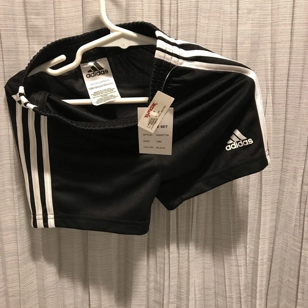 ADIDAS BOY 18 M BLACK SHORT & TEE SET & BLUE ONE PIECE & GRAY PRINT ONE PIECE - Picture 9 of 13
